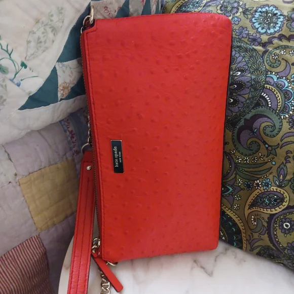 NWOT Kate Spade Red Ostrich Embossed Shoulder Bag, Gold Chain Strap - Picture 6 of 12